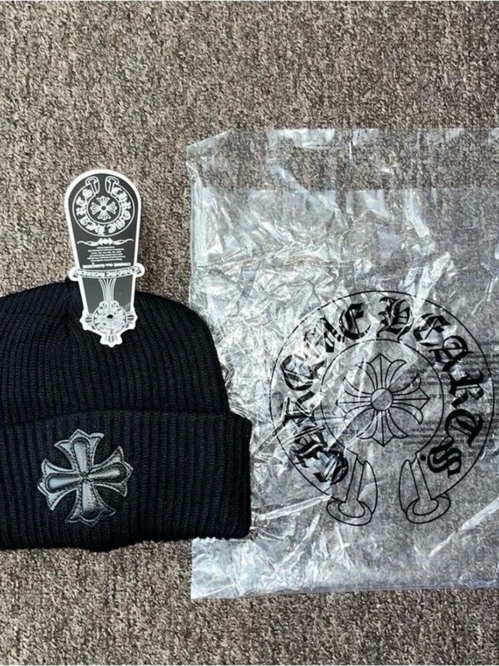 Chrome Hearts Black Rib Knit Beanie with Silver Cross Patch